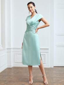 MOTF PREMIUM Vestido fruncido con abertura - verde menta - Ver 4