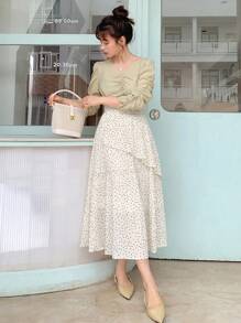 DAZY 波卡圓點荷葉邊半身裙 - 杏色 - 查看 3