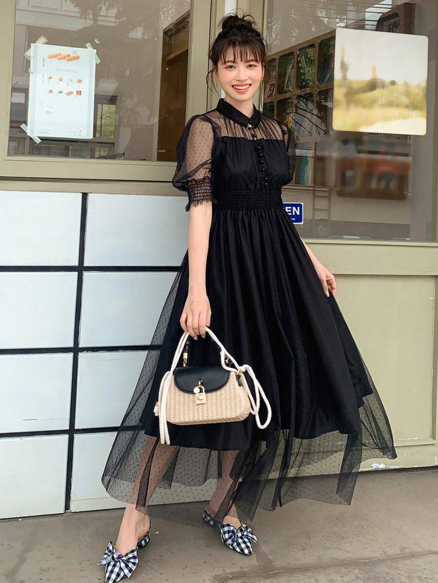 DAZY Solid Puff Sleeve Mesh Overlay Dress Sundress - Black - View 1