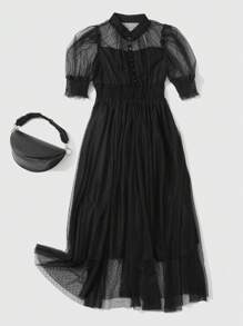 DAZY Solid Puff Sleeve Mesh Overlay Dress Sundress - Black - View 7