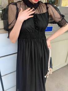 DAZY Solid Puff Sleeve Mesh Overlay Dress Sundress - Black - View 8