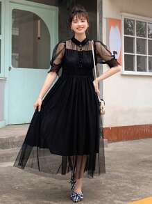 DAZY Solid Puff Sleeve Mesh Overlay Dress Sundress - Black - View 9