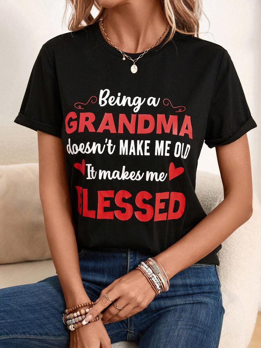 SHEIN LUNE 標語圖案T恤 - 黑色 - 查看 1