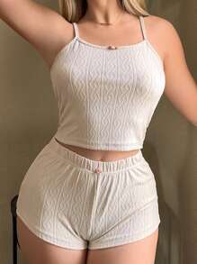 素色吊帶背心和短褲休閒套裝 - 杏色 - 查看 1