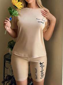 Letter Graphic Drop Shoulder Tee & Cycling Shorts Lounge Set - Khaki - View 1