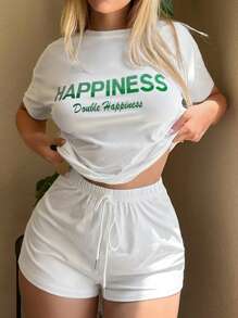 Miss Vinta Letter Graphic Drop Shoulder Top & Shorts Lounge Set White Set Outfit - White - View 1