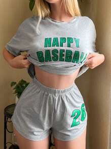 Miss Vinta Letter Graphic Drop Shoulder Top & Shorts Lounge Set Outfit