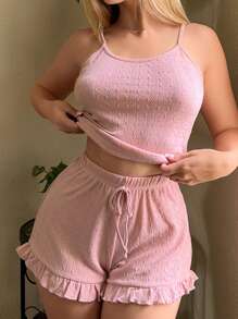素色荷葉邊吊帶背心和短褲休閒套裝 - 粉色 - 查看 3