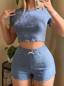 Lettuce Trim Top & Bow Front Shorts Lounge Set Bow Tie, Lounge Outfit - Blue - View 1