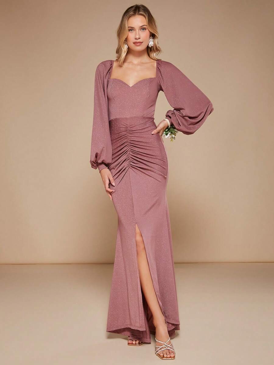 SHEIN Belle Váy phù dâu Lộ Lưng Xù Tách cao màu trơn - Bụi hồng - Xem 1