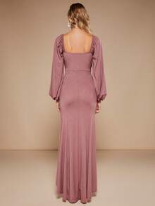 SHEIN Belle Váy phù dâu Lộ Lưng Xù Tách cao màu trơn - Bụi hồng - Xem 2