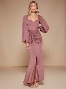 SHEIN Belle Váy phù dâu Lộ Lưng Xù Tách cao màu trơn - Bụi hồng - Xem 4