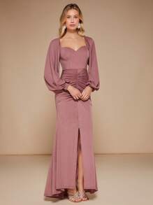 SHEIN Belle Váy phù dâu Lộ Lưng Xù Tách cao màu trơn - Bụi hồng - Xem 5