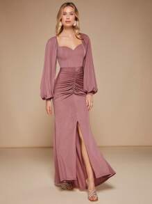 SHEIN Belle Váy phù dâu Lộ Lưng Xù Tách cao màu trơn - Bụi hồng - Xem 7