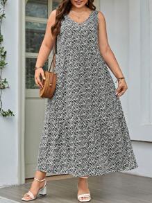 SHEIN LUNE 大碼1入組碎花連衣裙 - 黑色 - 查看 1