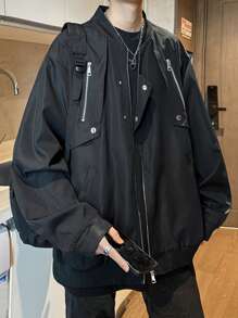 Claim Dot 宽松男士拉链飞行员夹克，外出时尚黑色长袖棒球夹克，适合朋友、丈夫、男朋友的礼物，秋季 - 黑色 - 查看 4