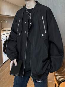 Claim Dot 宽松男士拉链飞行员夹克，外出时尚黑色长袖棒球夹克，适合朋友、丈夫、男朋友的礼物，秋季 - 黑色 - 查看 1