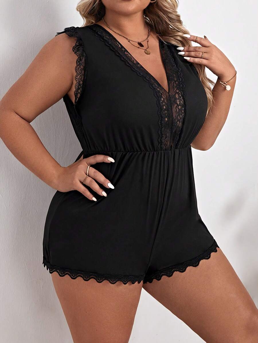 Talla grande Mono de dormir ribete con encaje en contraste de cuello profundo ribete con encaje - Negro - Ver 1
