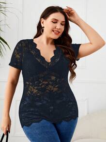 SHEIN LUNE 大碼貝殼邊蕾絲上衣不附文胸 - 藏蓝色 - 查看 2
