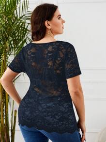 SHEIN LUNE 大碼貝殼邊蕾絲上衣不附文胸 - 藏蓝色 - 查看 3