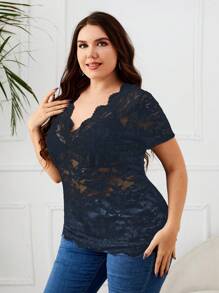 SHEIN LUNE 大碼貝殼邊蕾絲上衣不附文胸 - 藏蓝色 - 查看 4