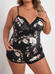 Plus Floral Print Lace Trim Cami Top & Shorts PJ Set