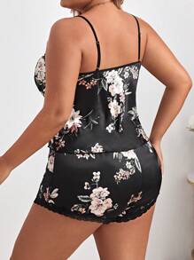 Plus Floral Print Lace Trim Cami Top & Shorts PJ Set