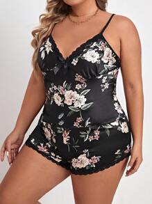 Plus Floral Print Lace Trim Cami Top & Shorts PJ Set