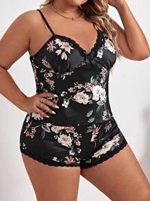 Plus Floral Print Lace Trim Cami Top & Shorts PJ Set