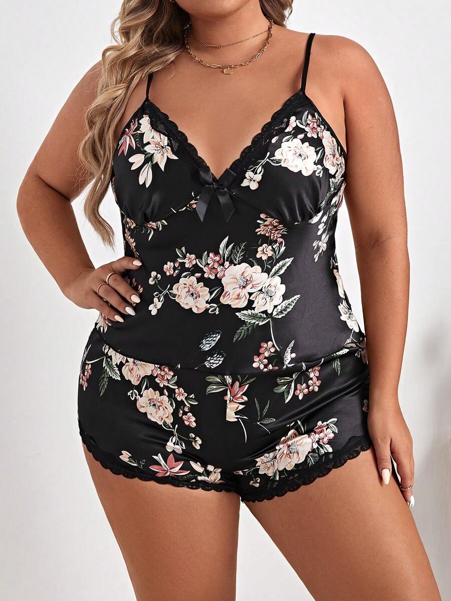 Plus Floral Print Lace Trim Cami Top & Shorts PJ Set