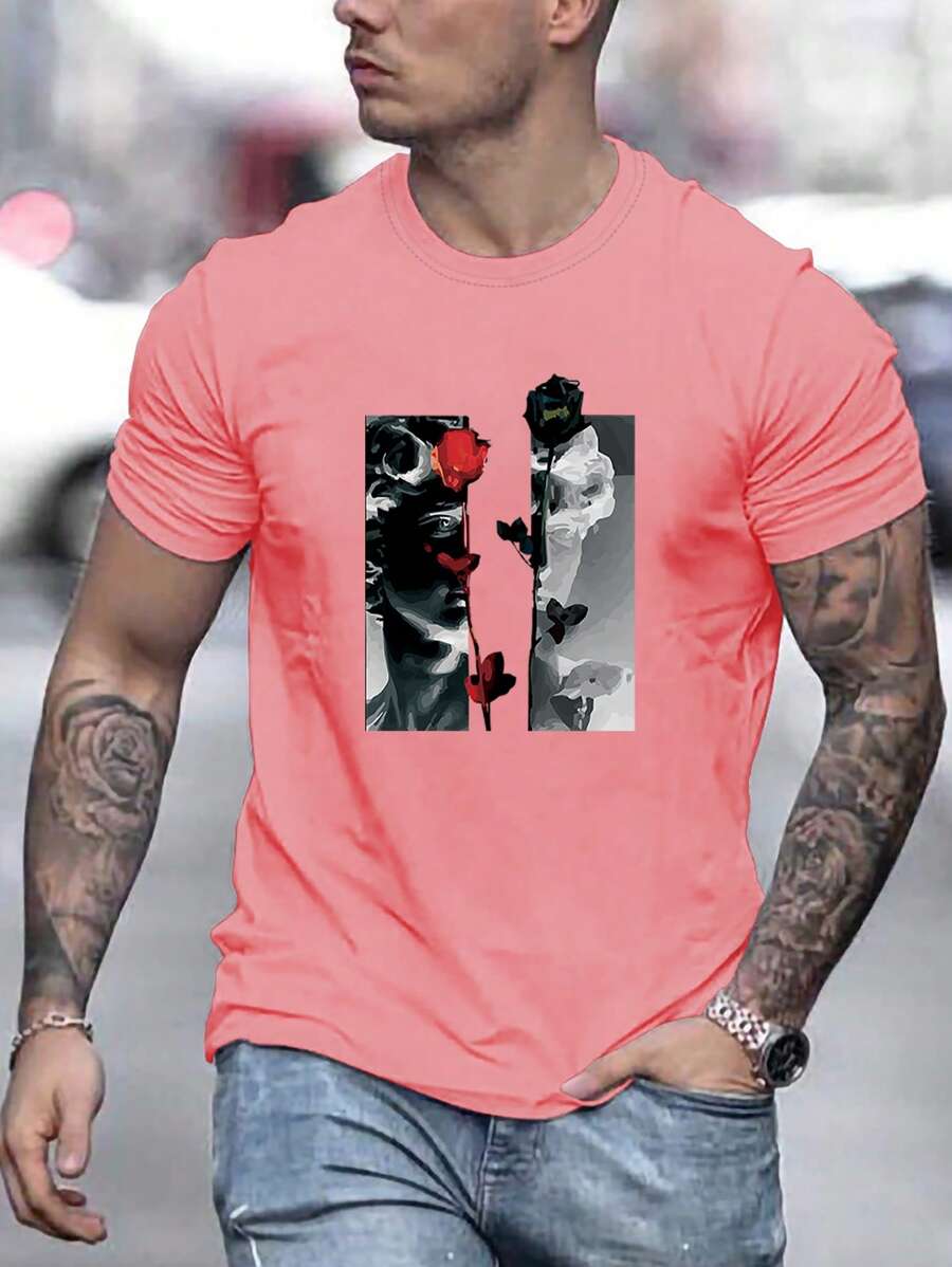 Manfinity Homme 男士花卉圖案和人像圖案T恤 - 粉色 - 查看 1