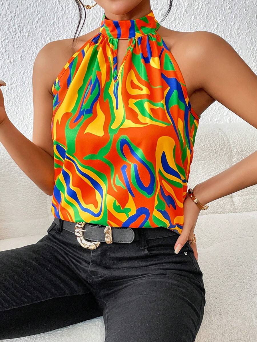 Chiquease Allover Print Keyhole Neckline Halter Blouse - Multicolor - View 1
