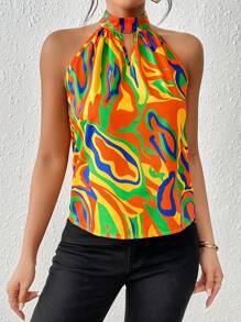 Chiquease Allover Print Keyhole Neckline Halter Blouse - Multicolor - View 5