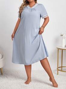 大碼拼接蕾絲邊睡裙 - 淺藍色 - 查看 3