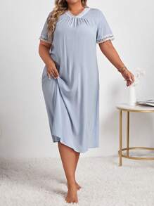 大碼拼接蕾絲邊睡裙 - 淺藍色 - 查看 4