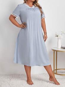 大碼拼接蕾絲邊睡裙 - 淺藍色 - 查看 5