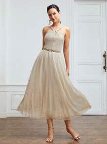 MOTF PREMIUM 金屬亮絲連衣裙不附腰帶 - 駝色 - 查看 2