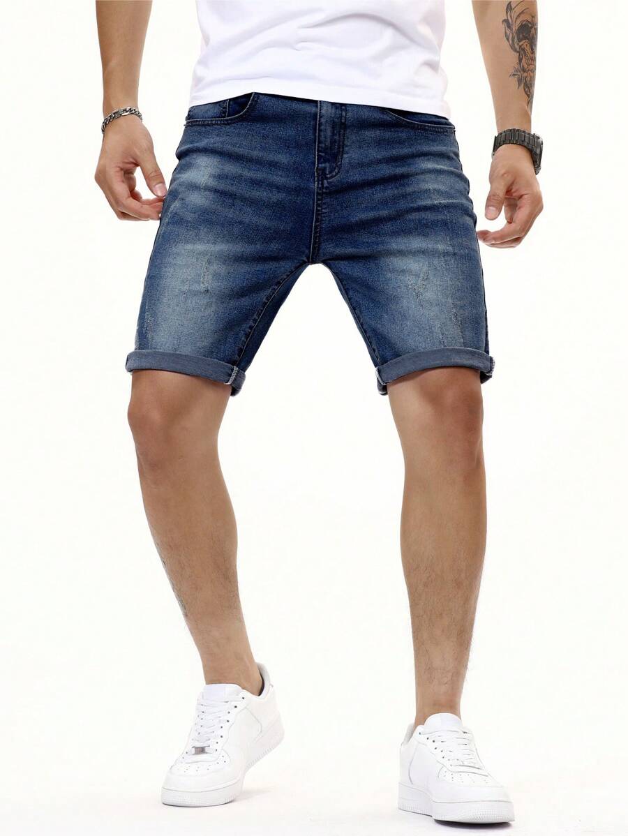 Manfinity Homme 男士斜口袋牛仔短裤 - 深色水洗藍 - 查看 1