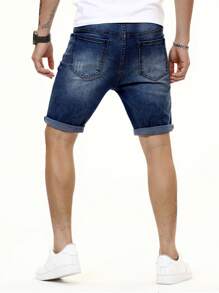 Manfinity Homme 男士斜口袋牛仔短裤 - 深色水洗藍 - 查看 2