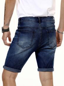 Manfinity Homme 男士斜口袋牛仔短裤 - 深色水洗藍 - 查看 3