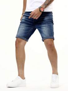 Manfinity Homme 男士斜口袋牛仔短裤 - 深色水洗藍 - 查看 5