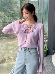 SHEIN 荷葉邊喇叭袖襯衫 - 紫丁香色 - 查看 4