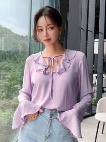 SHEIN 荷葉邊喇叭袖襯衫 - 紫丁香色 - 查看 5