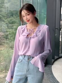 SHEIN 荷葉邊喇叭袖襯衫 - 紫丁香色 - 查看 6