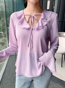 SHEIN 荷葉邊喇叭袖襯衫 - 紫丁香色 - 查看 7