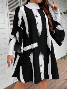 SHEIN LUNE 大碼筆刷圖案荷葉袖連衣裙不帶T恤 - 黑與白 - 查看 1