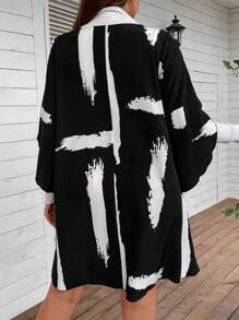 SHEIN LUNE 大碼筆刷圖案荷葉袖連衣裙不帶T恤 - 黑與白 - 查看 3