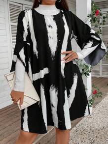 SHEIN LUNE 大碼筆刷圖案荷葉袖連衣裙不帶T恤 - 黑與白 - 查看 4