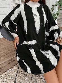 SHEIN LUNE 大碼筆刷圖案荷葉袖連衣裙不帶T恤 - 黑與白 - 查看 5