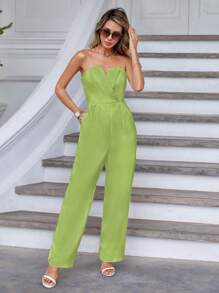 SHEIN Privé Solid Slant Pocket Tube Jumpsuit - Green - View 4